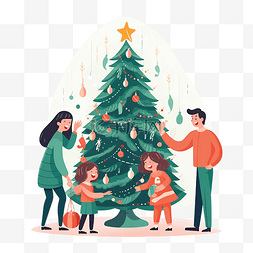 幸福的大家庭一起装饰圣诞树