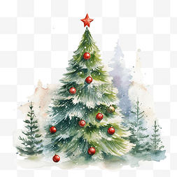 数字绘画水彩圣诞贺卡与圣诞树和
