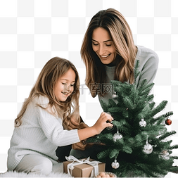 人在装饰圣诞树图片_母亲和女儿在装饰精美的房子里庆