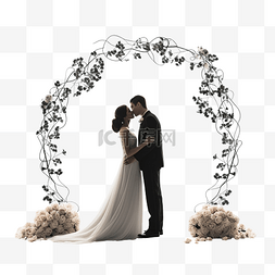 新婚夫妇在婚礼拱门下拥抱