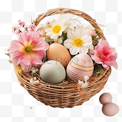 可爱的复活节彩蛋，篮子里有鲜花
