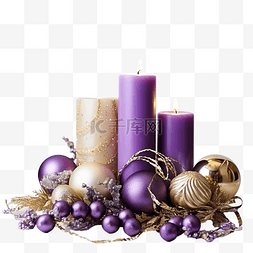 紫色和金色图片_木制表面上有蜡烛和紫色和金色装