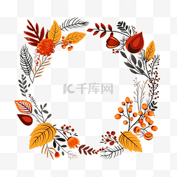手绘花图片_矢量单线秋季花环框架，带叶浆果