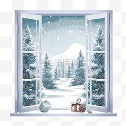 卡通室内场景图片_窗外有森林的圣诞景观