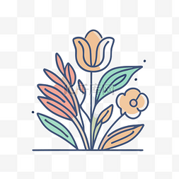 艺术线条花卉图标与郁金香和树叶