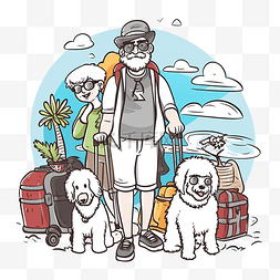 老年夫妇手绘图片_手绘老人带着狗旅行插画涂鸦风格