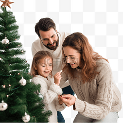 幸福的家庭一起装饰圣诞树