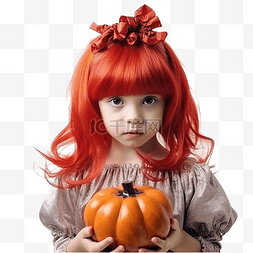 假发图片_可爱的小女孩戴着红角假发拿着南