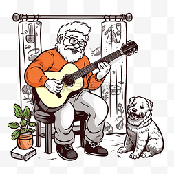 弹吉他男人卡通图片_手绘老人弹吉他与涂鸦风格的狗插