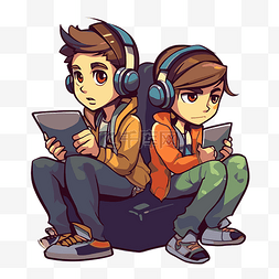 两个卡通人物在平板电脑上玩游戏