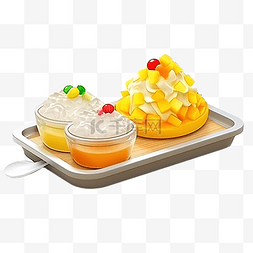 托盘上的芒果 bingsu 刨冰的 3d 渲染