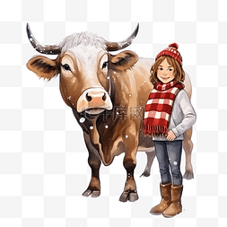 在一个农场里与小公牛合影的女孩