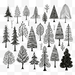 手绘一套圣诞树抽象涂鸦画树林