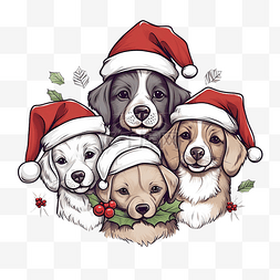 手绘素描圣诞帽图片_手绘可爱的小狗，戴着圣诞帽，线