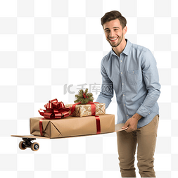 拿着礼物的男生图片_拿着礼物踩滑板的男人