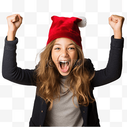是的图片_戴着圣诞帽的女孩庆祝战胜无焦点