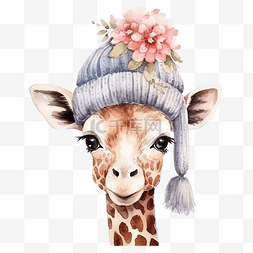 母鹿图片_可爱的长颈鹿与花卉针织帽水彩画