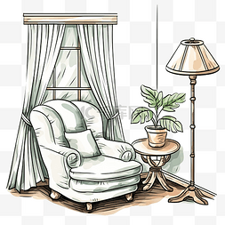 手绘扶手椅，带灯和窗户室内插图