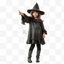 万圣节打扮成女巫的女孩指着前面
