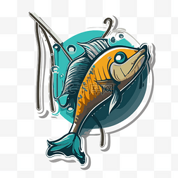 钓鱼竿上的鱼的贴纸插图 向量