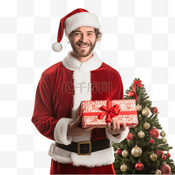 一个年轻的圣诞老人拿着礼物站在