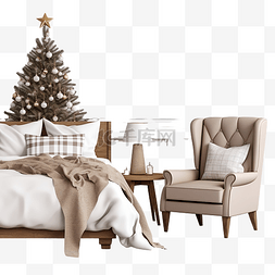 舒适的圣诞装饰卧室内部配有扶手