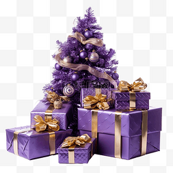 紫色和金色图片_圣诞树下时尚包装的紫色和金色礼