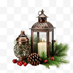 有松枝和圣诞球的圣诞灯笼