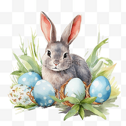 复活节彩蛋图片_复活节彩蛋与耳朵兔子水彩
