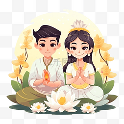 可爱的扁平风格泰国夫妇穿着传统