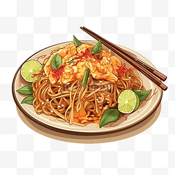 鲜虾炒河粉图片_泰国Pad Thai国民食品插画