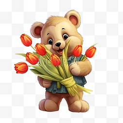 可爱的熊与郁金香花束