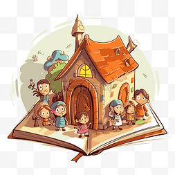 圣经剪贴画卡通故事书与小孩和房