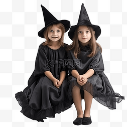 楼梯上玩图片_万圣节，身着女巫服装的姐妹们坐