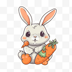 灰色兔子卡通图片_可爱的兔子与胡萝卜贴纸灰色背景