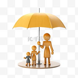 3d 雨伞保护模型家庭与木娃娃人物