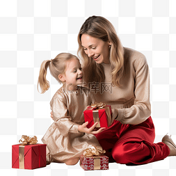 母亲和女儿用礼物装饰圣诞树