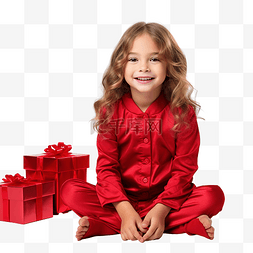 穿着红色睡衣的小女孩坐在圣诞树