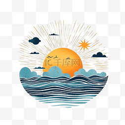 大海日落图片_简约风格的太阳和大海插画