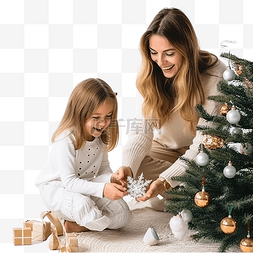 和妈妈玩玩具图片_妈妈和女儿装饰圣诞树位置可爱又