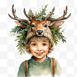 快乐的男孩穿着圣诞树附近鹿角的