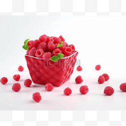 红色方形碗中的 3d 覆盆子簇