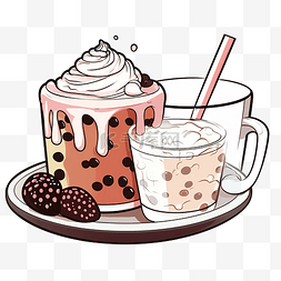 巧克力蛋糕插画图片_手绘巧克力蛋糕和珍珠奶茶插画
