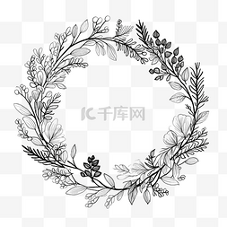 手绘植物花环图片_手绘圣诞花环圆花框与树枝白色涂