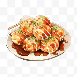 日本桌子图片_水彩日本料理章鱼烧