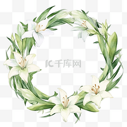 白色花环图片_圆形框架花环，白色百合花水彩插