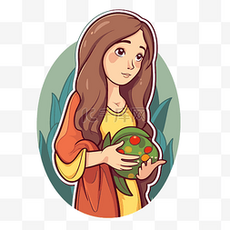 卡通女人普拉图片_手里拿着绿色蔬菜的女孩的插图 