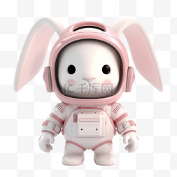 白色的玩具兔子图片_白色背景上孤立的兔子宇航员粉红