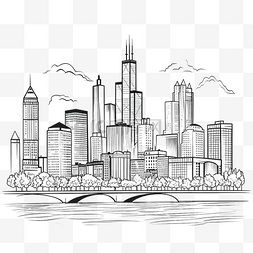 蓝色城市轮廓图片_芝加哥城市景观天际线轮廓涂鸦绘