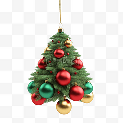 电锯切割图片_绿色圣诞树，挂着装饰圣诞红色和